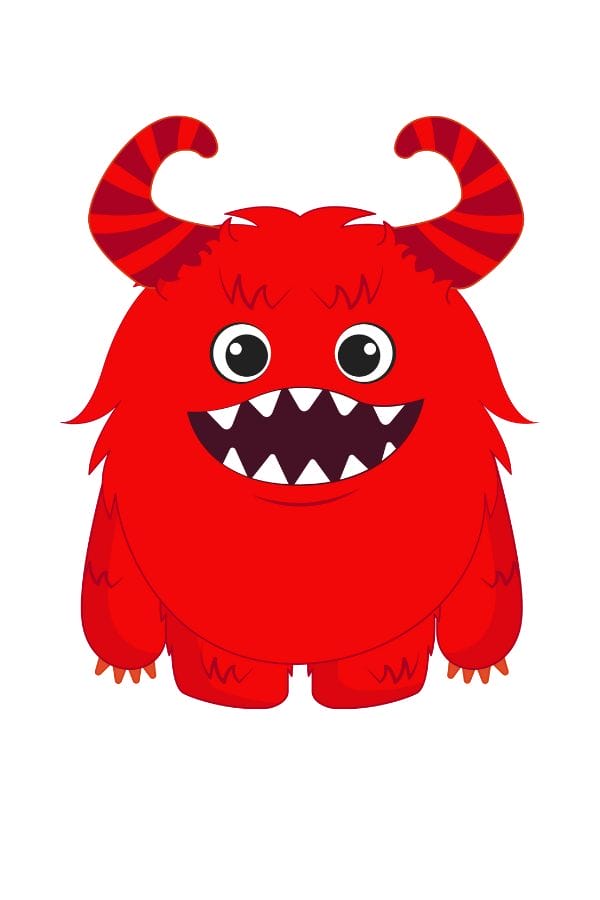 A cartoon red monster with striped horns, big round eyes, sharp triangular teeth, and shaggy fur stands facing forward on a white background.