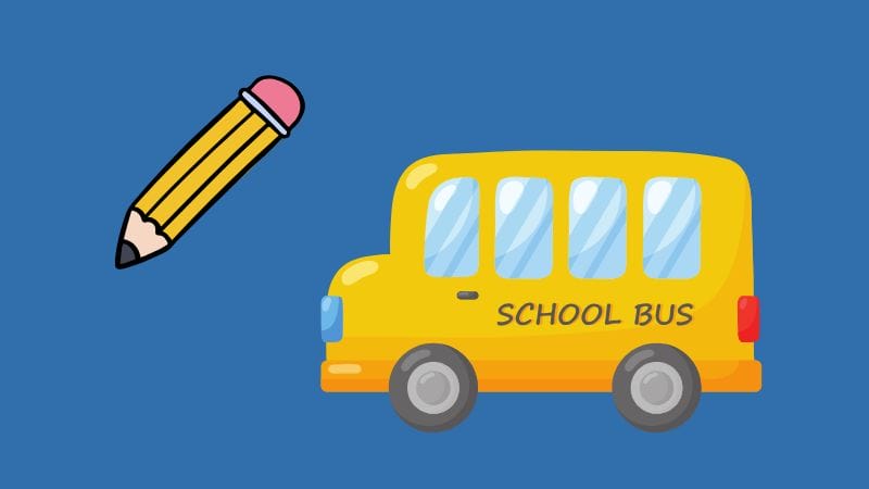 Illustration of a yellow school bus and a large yellow pencil with a pink eraser on a blue background, perfect for creating your own School Shrinky Dink crafts.
