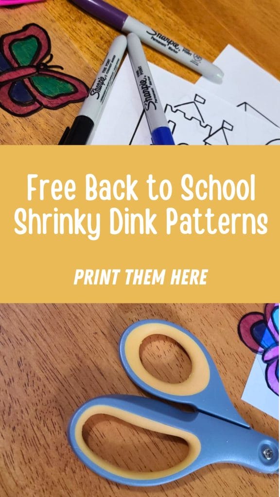 A pair of scissors, markers, and printed School Shrinky Dink patterns rest on a wooden table with text reading "Free Back to School Shrinky Dink Patterns. Print Them Here.
