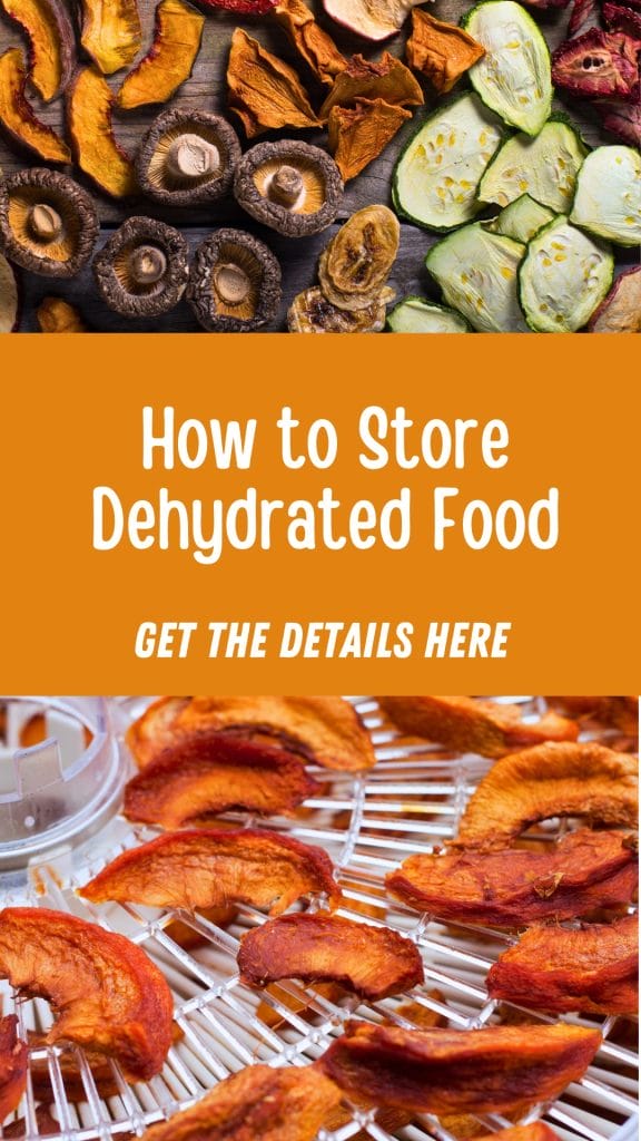 Slices of dehydrated vegetables and fruits are displayed on trays above and below a banner that reads, "How to Store Dehydrated Food. Get the details here.