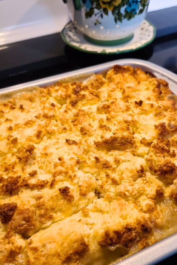 A close-up of a freshly baked Leftover Brisket Pot Pie in a metal dish, featuring a golden, crumbly topping. A floral-patterned container is visible in the background.