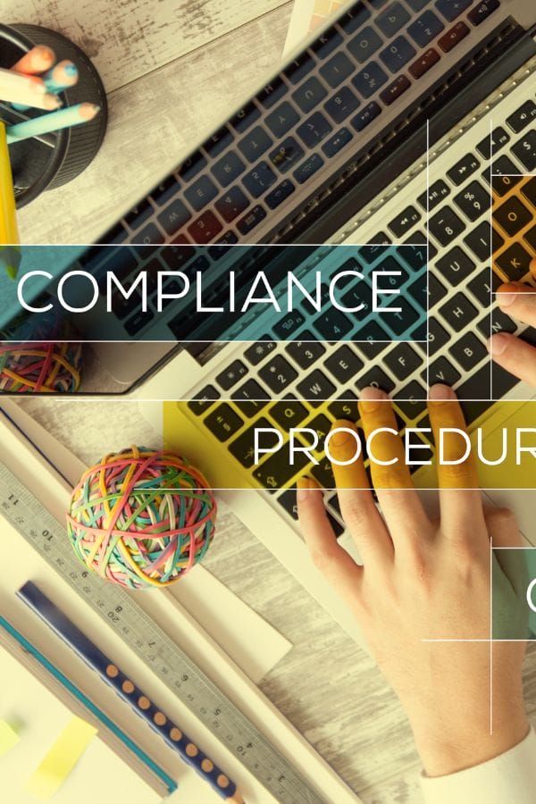 Hands typing on a laptop keyboard with office supplies nearby; overlaid text reads "COMPLIANCE" and "PROCEDURE," highlighting focus on Oklahoma daycare licensing regulations.