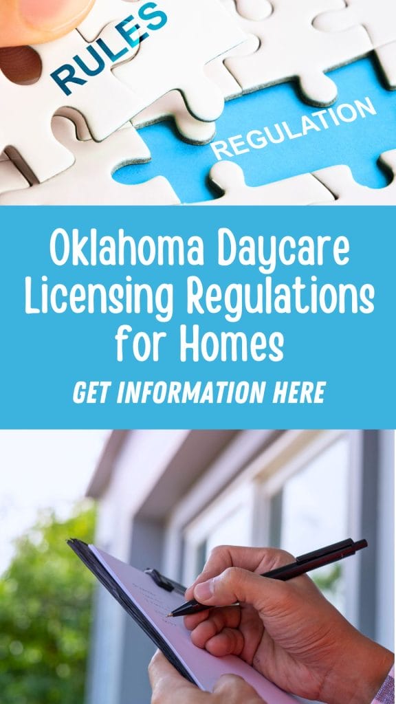 A puzzle piece labeled "RULES," information about Oklahoma daycare licensing regulations for homes, and a person writing on a clipboard.