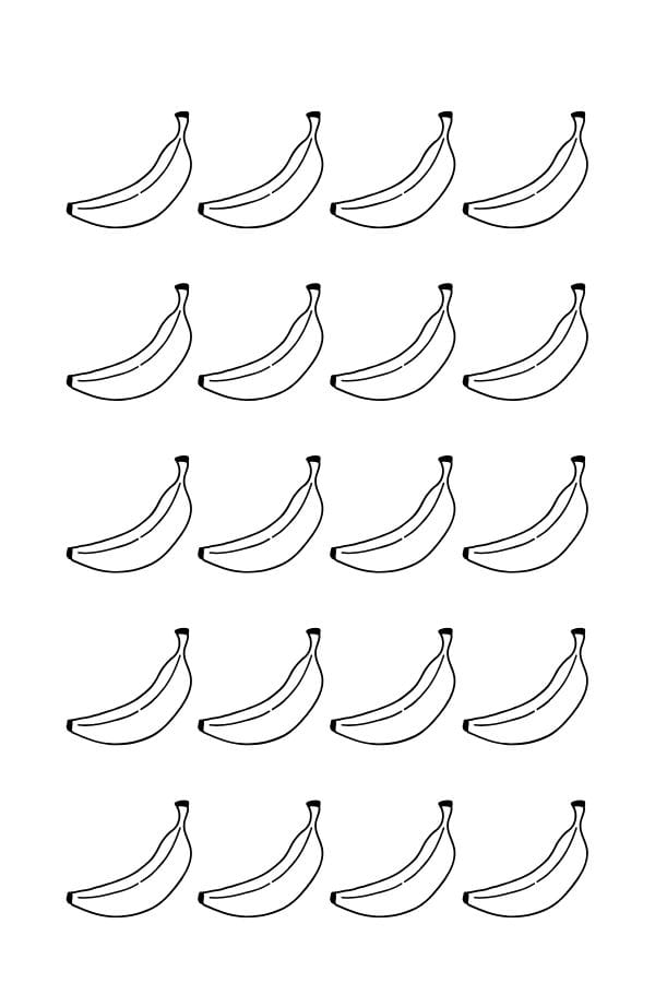 A grid of 16 simple, black-and-white banana outlines arranged in four rows and four columns on a white background.