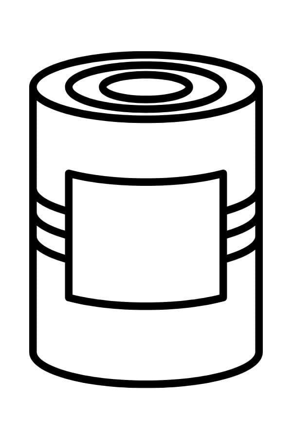 Black and white line drawing of a cylindrical can with a blank label and two horizontal lines on the sides.