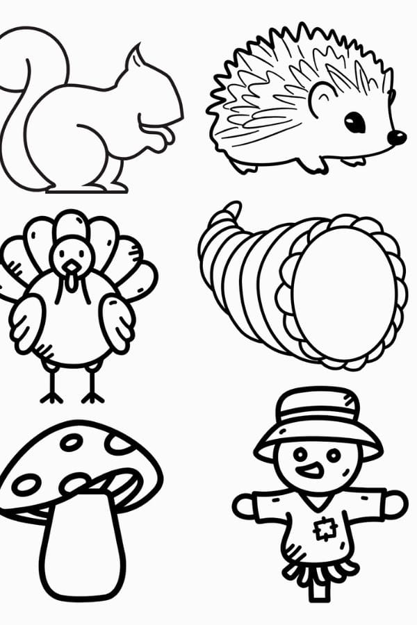 Black and white line drawings of a squirrel, hedgehog, turkey, cornucopia, mushroom, and scarecrow arranged in two columns on a white background—perfect for creating your own Fall Shrinky Dink Patterns.