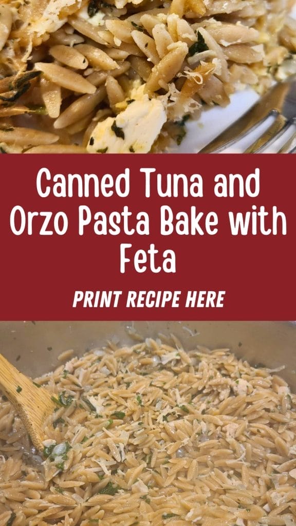 Close-up of Tuna and Orzo Pasta mixed with feta cheese, shown on a plate and in a pot, with text reading "Canned Tuna and Orzo Pasta Bake with Feta. Print Recipe Here.
