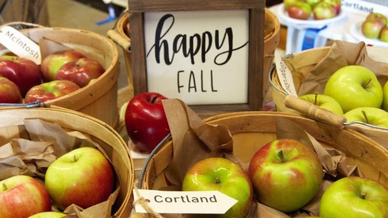 Baskets of apples labeled "Cortland" and "McIntosh" sit on a table with a sign that reads "happy FALL" in the background.