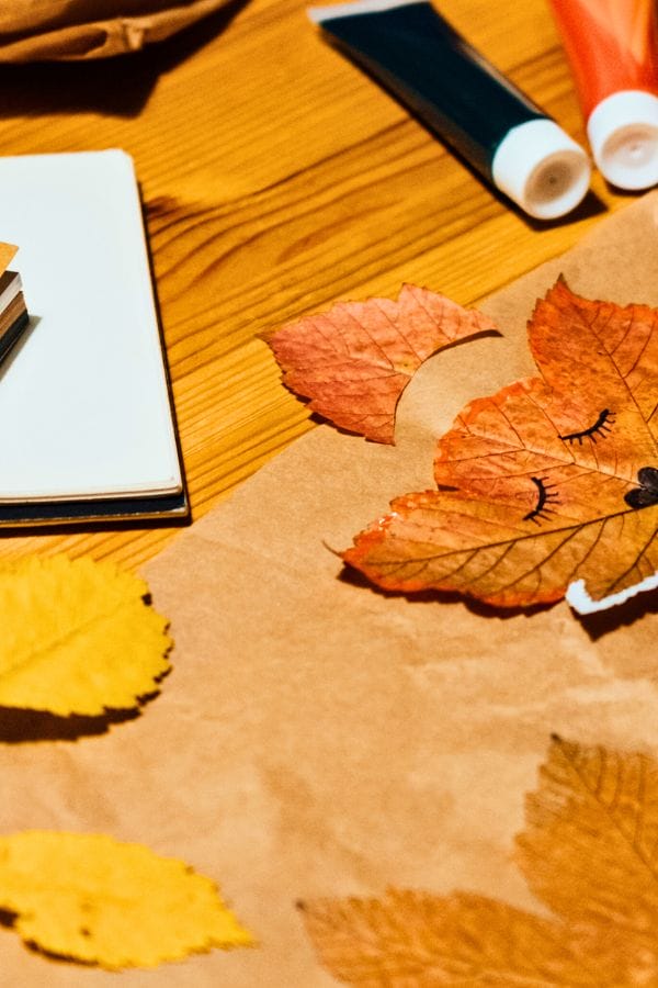 Autumn leaves arranged on paper with paint tubes, a notebook, and a pen on a wooden table, suggesting an arts and crafts project.