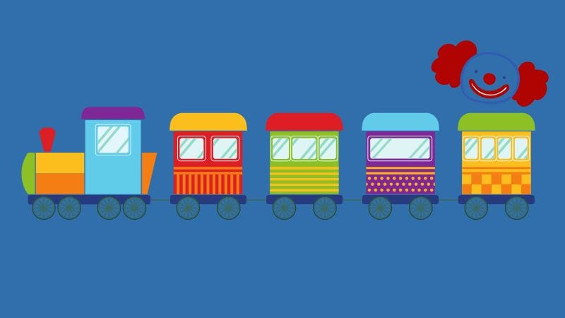 A colorful cartoon train inspired by The Little Engine That Could, featuring four carriages and a smiling clown face above the last carriage, set against a solid blue background.