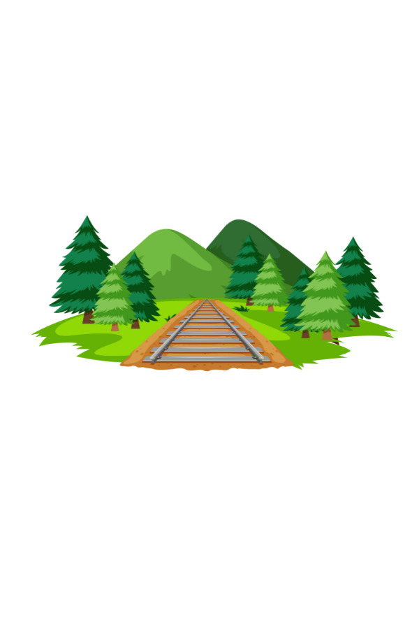 Illustration of a short railroad track ending in a grassy area with evergreen trees and green mountains in the background, evoking the spirit of "The Little Engine That Could.