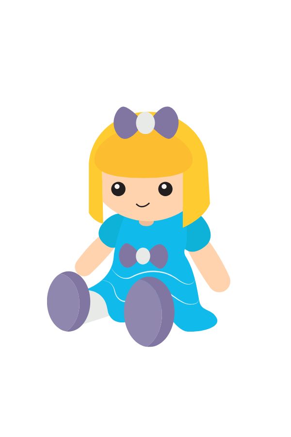 Illustration of a doll with yellow hair, wearing a blue dress and purple shoes, sitting on a white background, inspired by the classic charm of "The Little Engine That Could.
