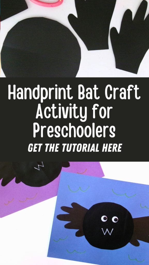 Handprint Bat craft for preschoolers; features black handprint cutouts and a circle, finished bats with googly eyes on colored paper, plus step-by-step instructions.