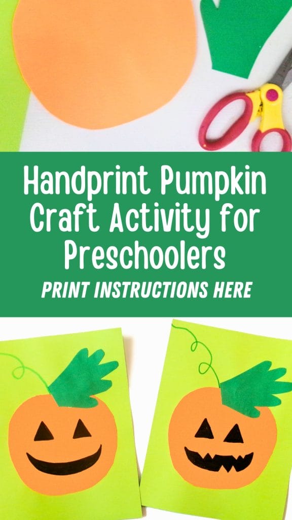 Two completed Handprint Pumpkin Crafts made from orange and green paper are displayed on a green background, with scissors and paper pieces nearby.