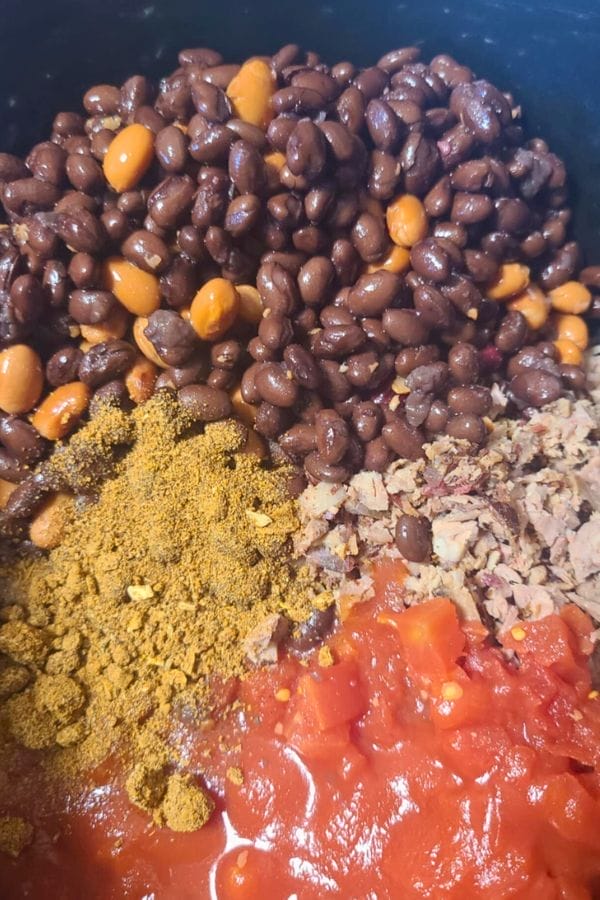 A close-up view of beans, diced tomatoes, ground spices, and dried seasoning in a bowl or pot—perfect ingredients for preparing Leftover Brisket Chili.