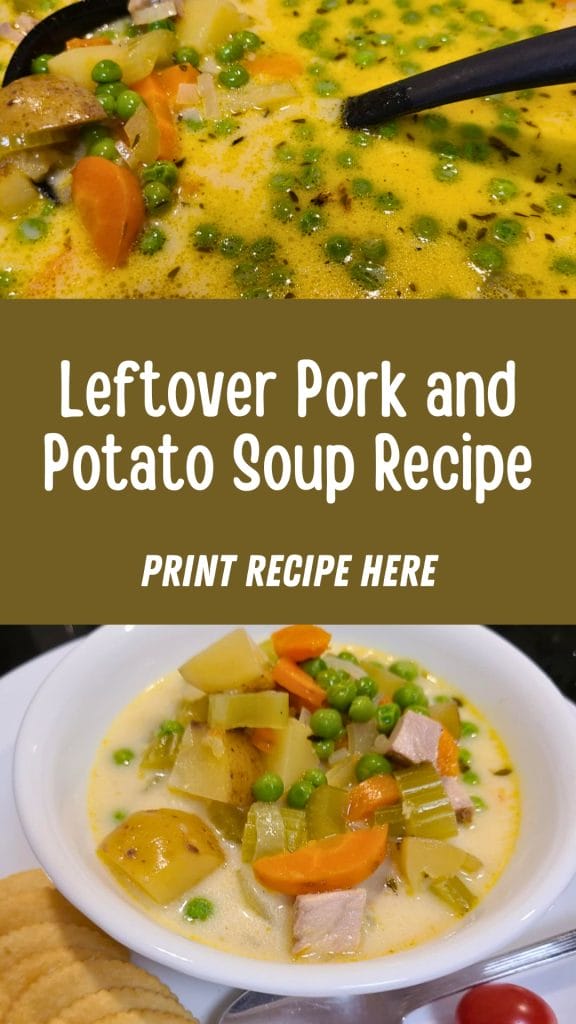 A bowl of creamy soup with chunks of pork, potatoes, carrots, and peas, served with crackers.