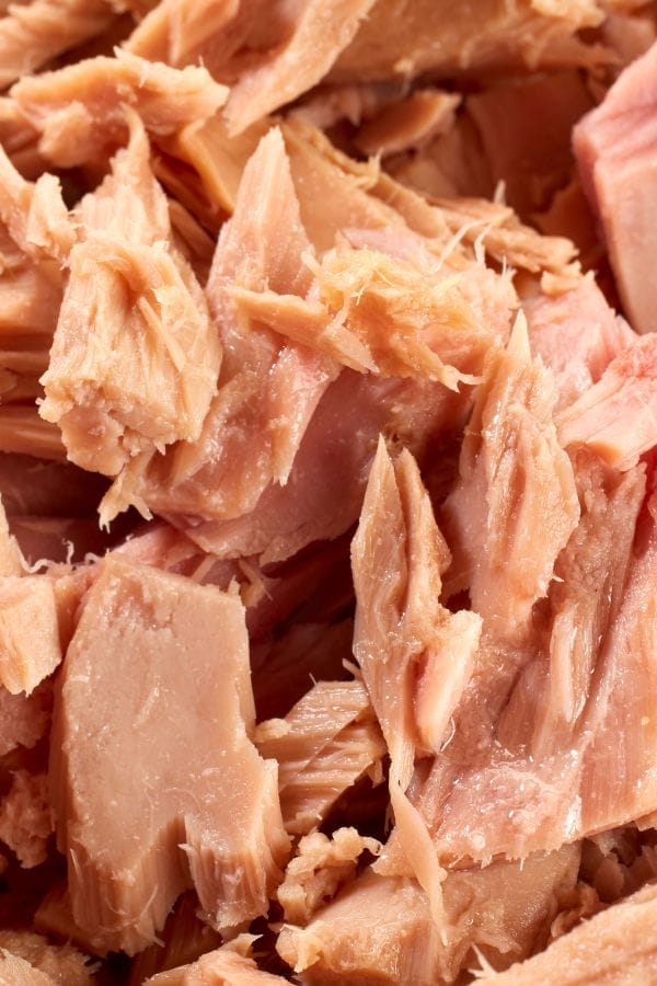 Close-up view of chunks of canned tuna in water, highlighting the texture and color of the fish meat—perfect for adding to your favorite freezer friendly tuna recipes.