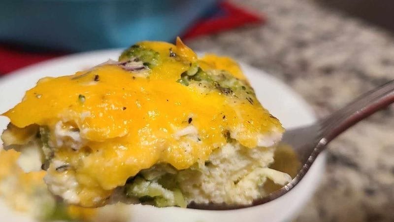 A close-up of a fork holding a bite of cheesy broccoli and egg casserole with visible melted cheddar on top—perfect for kid friendly fall dinners.