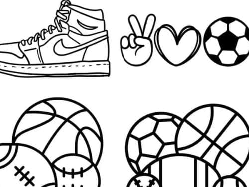Black and white illustrations of a sneaker, peace sign, heart, soccer ball, and a group of various sports balls—perfect for creating your own Sports Shrinky Dink designs.