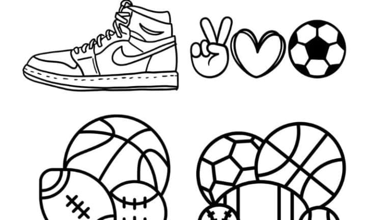 Black and white illustrations of a sneaker, peace sign, heart, soccer ball, and a group of various sports balls—perfect for creating your own Sports Shrinky Dink designs.