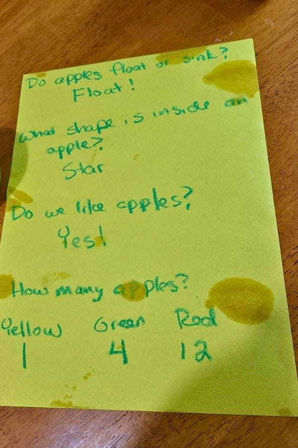 A yellow paper covered in handwritten notes—part of lesson plans on apples—features questions and answers about floating, shape, preference, and apple counts by color. Wet stains are visible on the page.