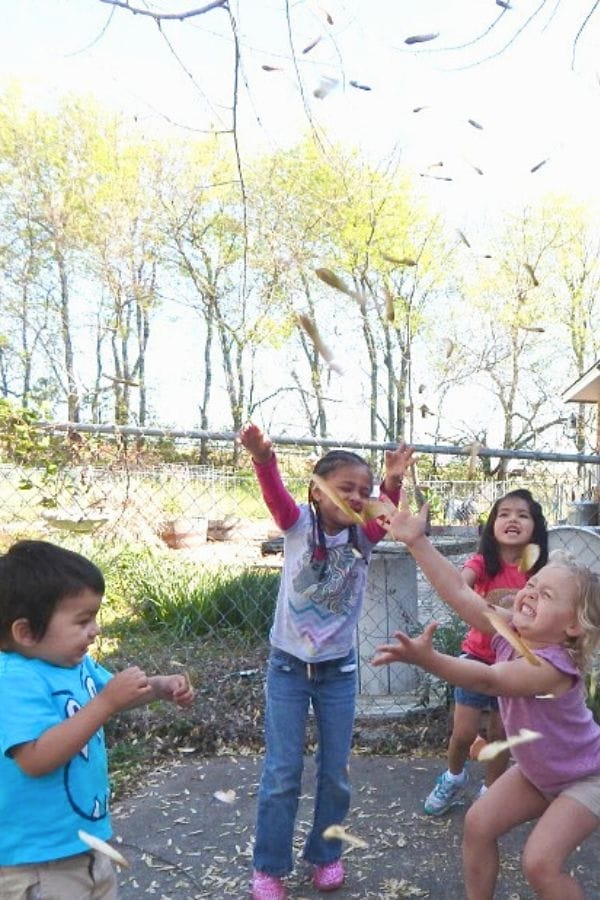 Four children stand outdoors on a sunny day, smiling and reaching up as leaves fall around them—enjoying Educational Activities with Nature. Trees and a chain-link fence are visible in the background.