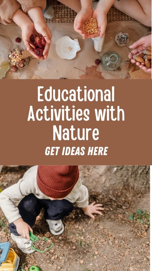 Children engaging in hands-on educational activities with nature, such as sorting seeds and using a magnifying glass outdoors. Text reads: "Educational Activities with Nature—Discover creative ideas here.