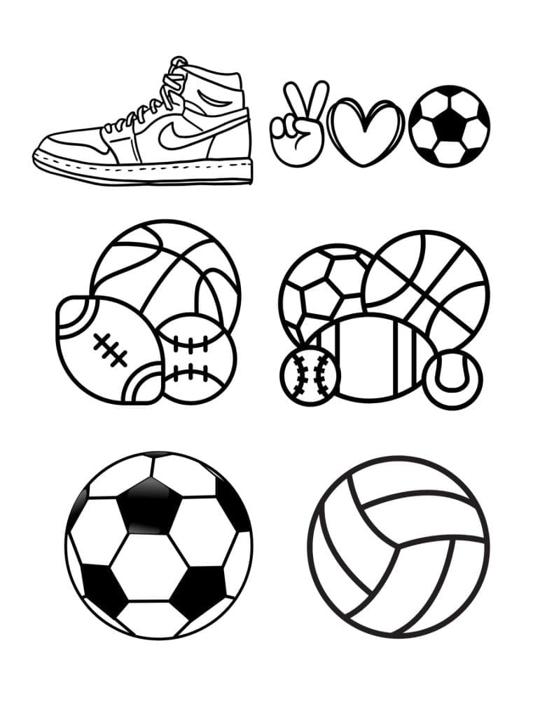 Black and white illustrations of a sneaker, peace sign, heart, soccer ball, various grouped sports balls, a large soccer ball, and a large volleyball.