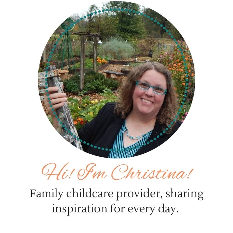 A woman with glasses smiles in a garden. Text reads: "Hi! I’m Christina! Family childcare provider, sharing inspiration for every day.