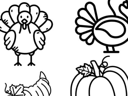 Black and white line drawings of a turkey, a stylized turkey, a cornucopia, and a pumpkin with a leaf—perfect for creating your own Thanksgiving Shrinky Dink crafts.