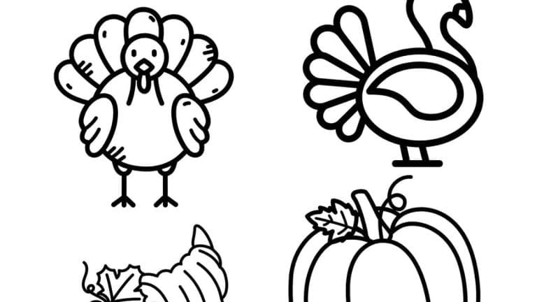 Black and white line drawings of a turkey, a stylized turkey, a cornucopia, and a pumpkin with a leaf—perfect for creating your own Thanksgiving Shrinky Dink crafts.
