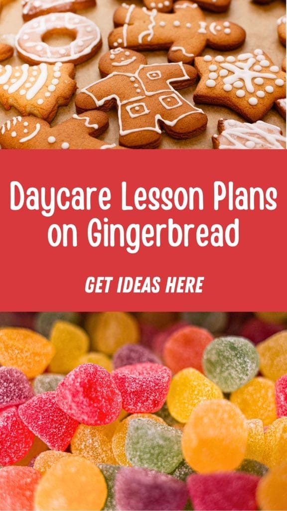 Decorated gingerbread cookies and colorful gumdrops surround text reading "Lesson Plans on Gingerbread. Get Ideas Here.