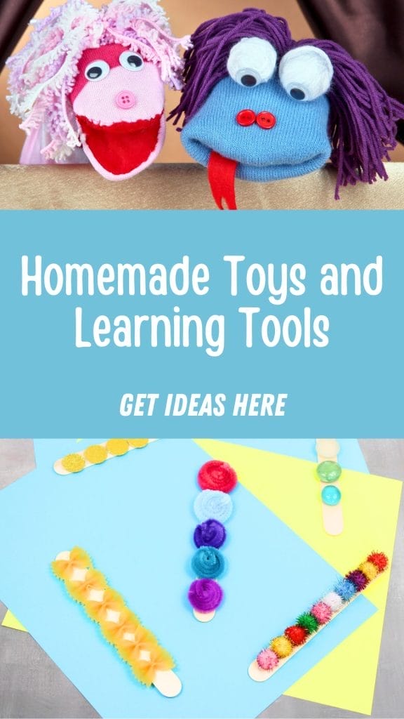 Two handmade sock puppets above a sign that says "Homemade Toys and Learning Tools. Get Ideas Here," with decorated craft sticks on colored paper below—perfect inspiration for your next homemade toys project!.