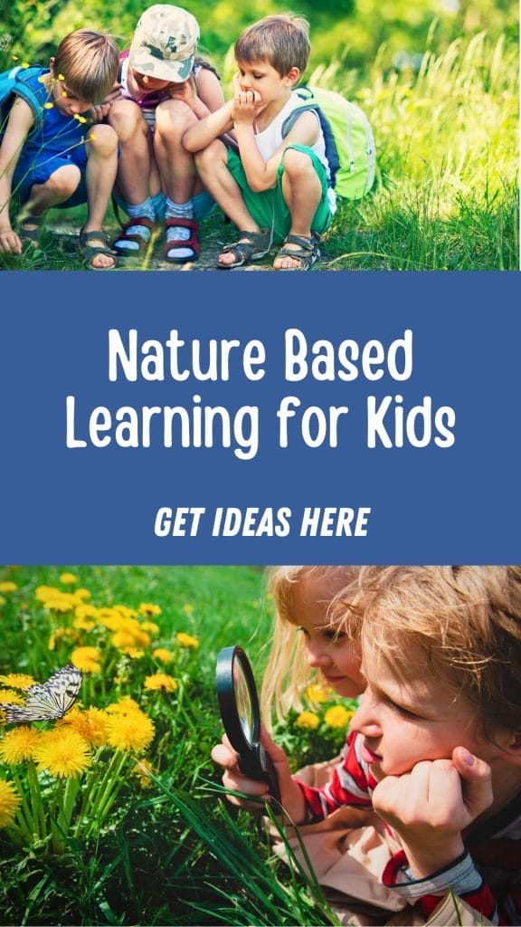 Three children in summer clothes sit on grass, engaged in Nature Based Learning as they examine something closely; two more use a magnifying glass to study a butterfly on yellow flowers. Text reads "Nature Based Learning for Kids. Get Ideas Here.