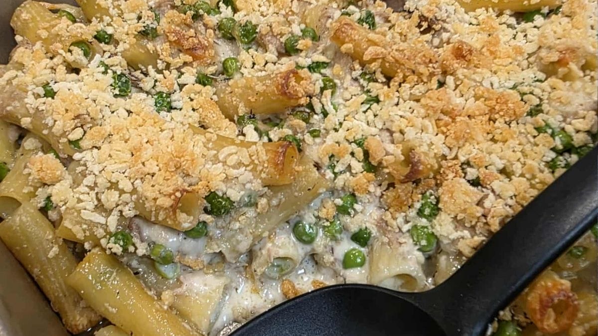 Tuna Alfredo Bake: Baked pasta casserole with peas in a creamy Alfredo sauce, topped with golden breadcrumbs and served with a black spoon.