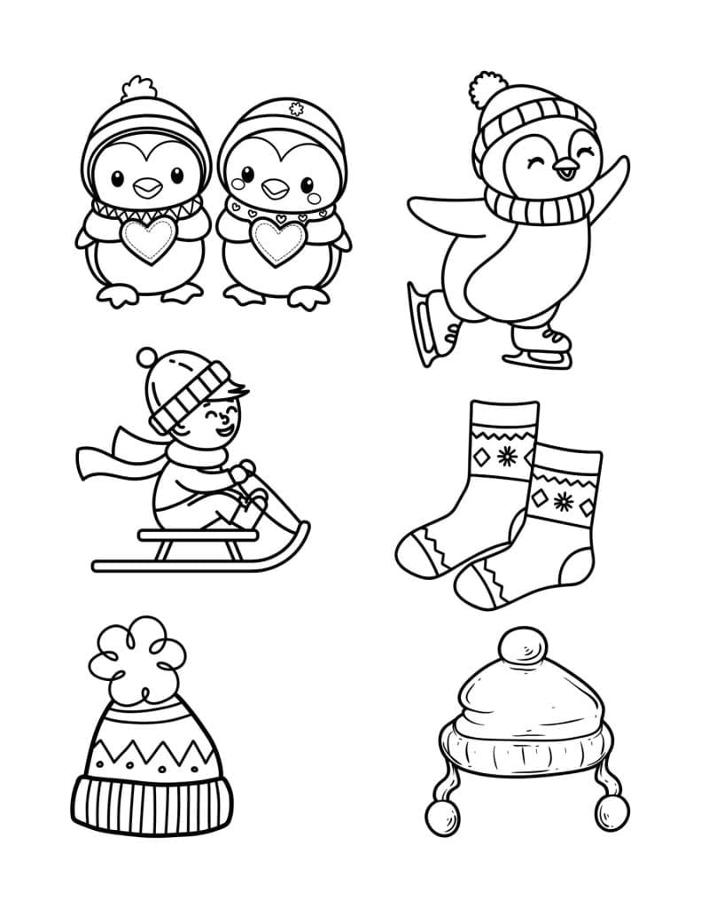 Black and white line drawings of two penguins in winter clothing, a skating penguin, a child sledding, winter socks, and cozy hats make charming Winter Shrinky Dink Patterns.