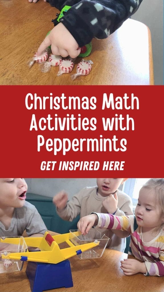 Children use peppermints and a balance scale for Christmas Math Activities at a wooden table. Text reads: "Christmas Math Activities with Peppermints. Get inspired here.