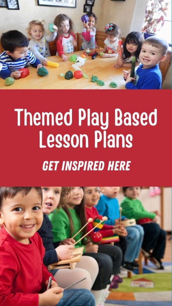 Children sit at tables, engaging in themed play-based activities with toys and instruments; text highlights the benefits of Themed Play Based Lesson Plans for inspiring creativity and learning.