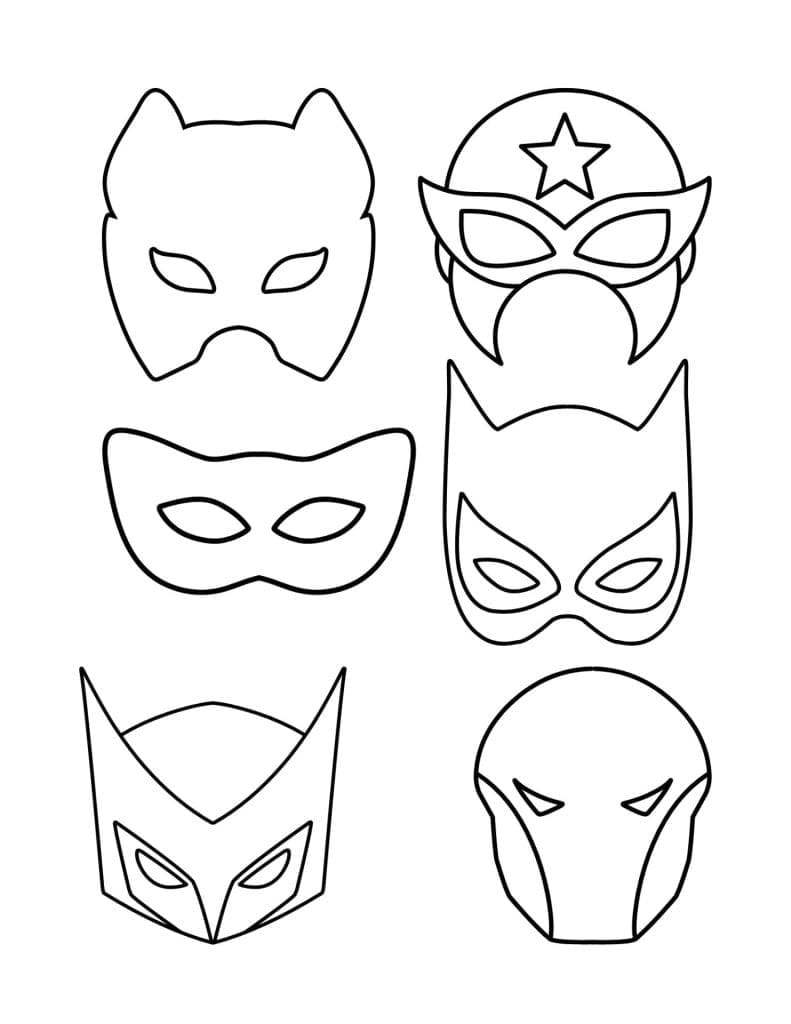 Six different black-and-white superhero mask outlines arranged in two columns and three rows on a white background.