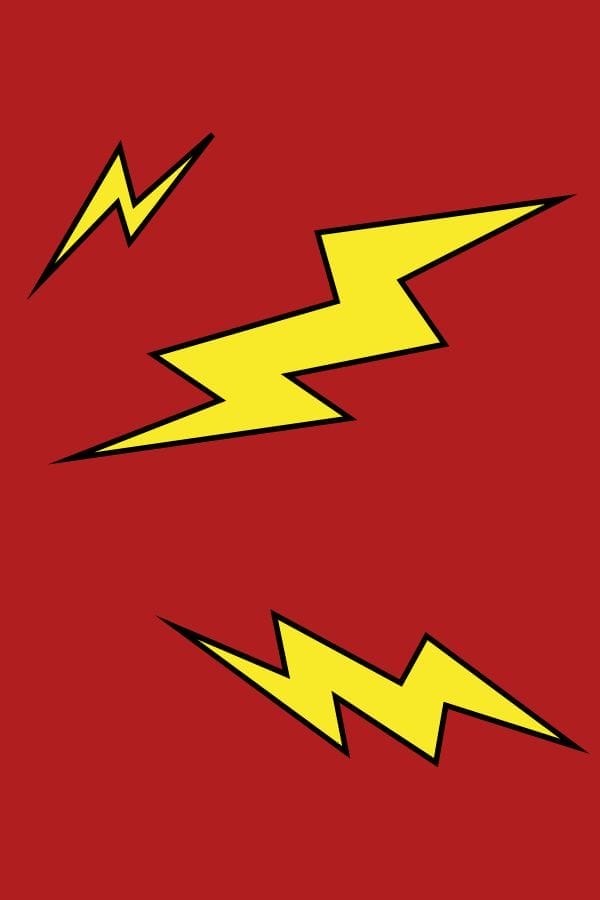 Three yellow lightning bolt shapes with black outlines on a solid red background—perfect for superhero Shrinky Dink patterns.