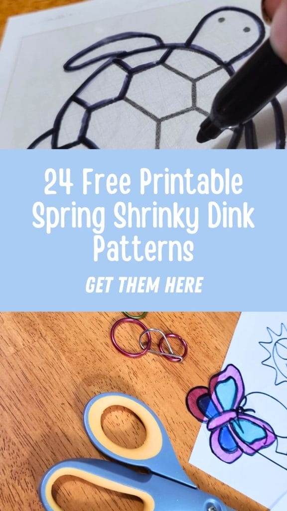 A black marker outlines a turtle drawing on paper; below, scissors, paper clips, and a butterfly drawing rest on a wooden table with text about printable Spring Shrinky Dink Patterns.