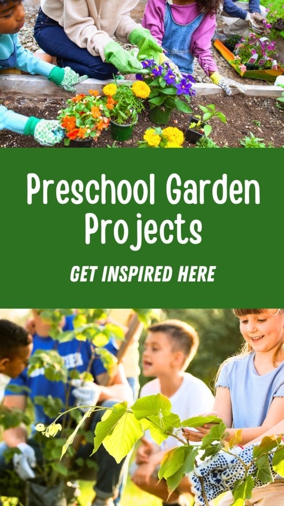 Children planting flowers and tending to plants in a garden, with text reading "Preschool Garden Projects—Inspiring young gardeners to grow and explore.