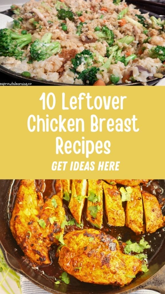 A collage featuring a pan of chicken and broccoli rice, text reading "10 Leftover Chicken Breast Recipes Get Ideas Here," and sliced seasoned leftover chicken breast on a plate.