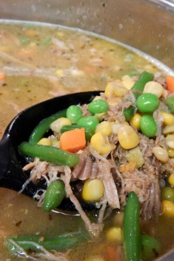 A close-up of a ladle holding shredded meat, green beans, carrots, corn, and edamame above a pot of soup—perfect inspiration for Healthy Soup Recipes.