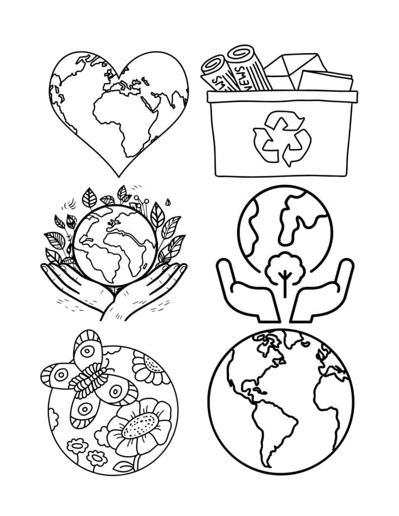 Six black-and-white illustrations related to Earth and recycling, perfect for creating your own Earth Day Shrinky Dink crafts, including hands holding Earth, a recycling bin, a heart-shaped world, and nature-themed globes.