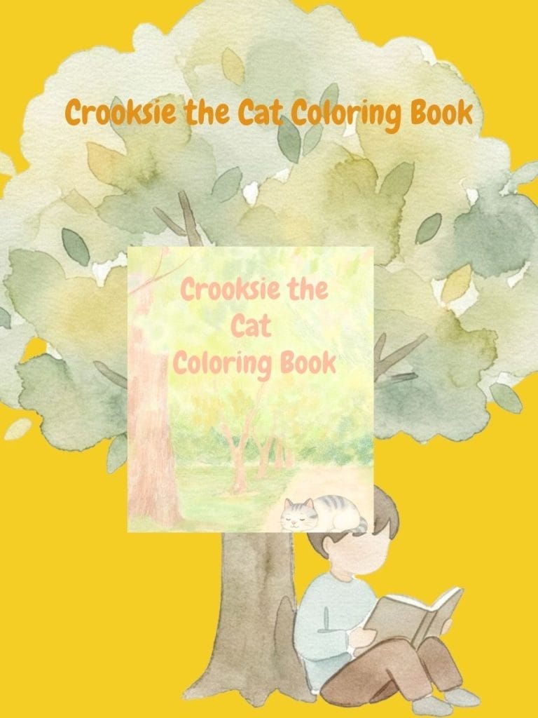 Cover of "Crooksie the Cat Coloring Book" showing a child reading under a tree, with a cat lying on top of a book in a nature scene.