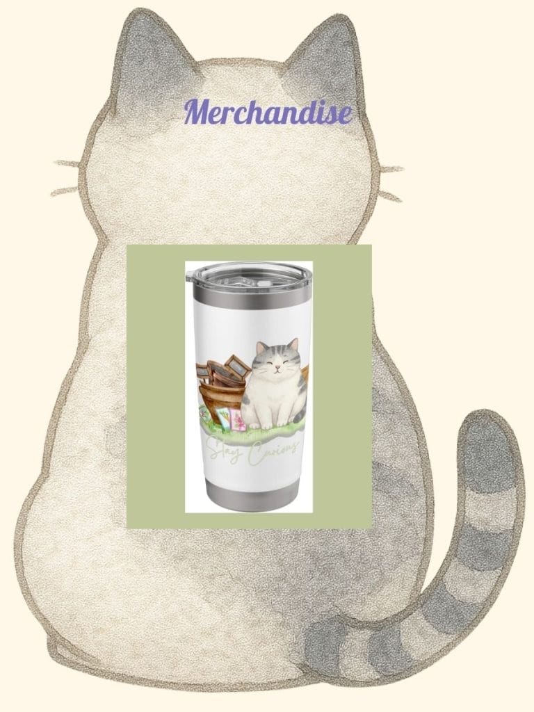 Drawing of a gray and white cat with the word "Merchandise" above; in the center, an insulated tumbler featuring a cat illustration and the words "Stay Curious.