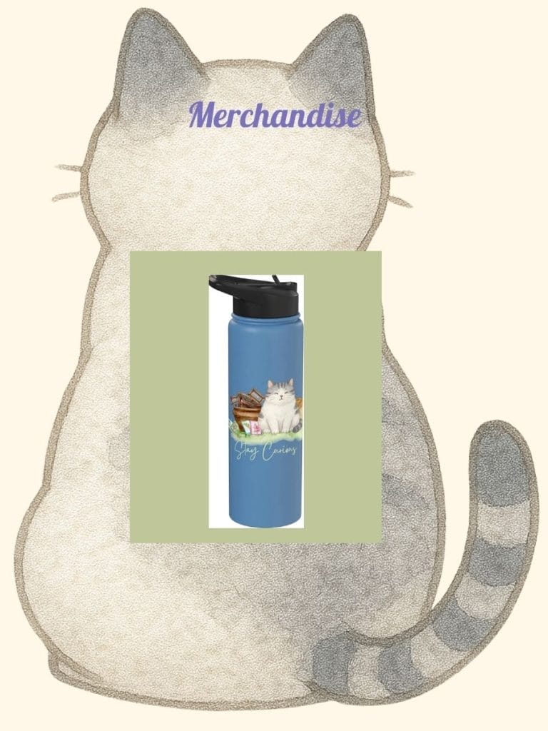 Blue water bottle featuring a cat illustration and the words "Yay! Cookies!" displayed on a background with a large cat drawing and the text "Merchandise" at the top.