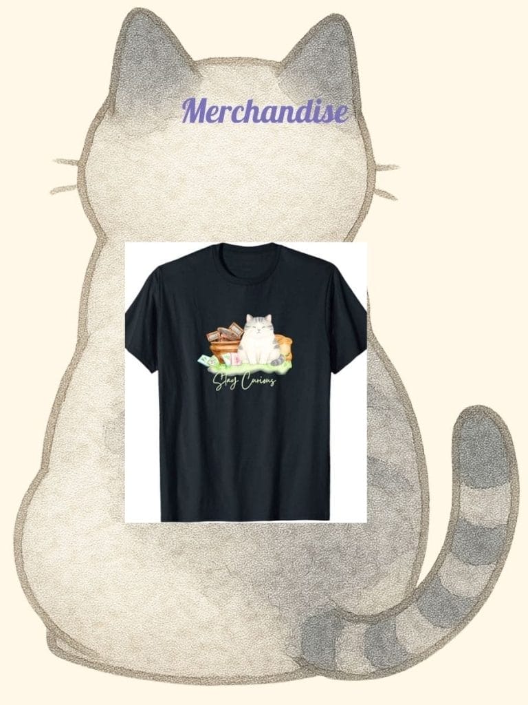 Black T-shirt featuring an illustration of a white cat with cake slices and the text "Sugary Universe," displayed on a cat-shaped background with the word "Merchandise" above.