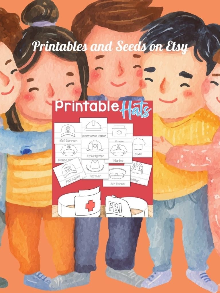Illustration of four children standing arm in arm, with a preview of printable hat templates in various job themes overlaid in the center. Text reads "Printables and Seeds on Etsy".